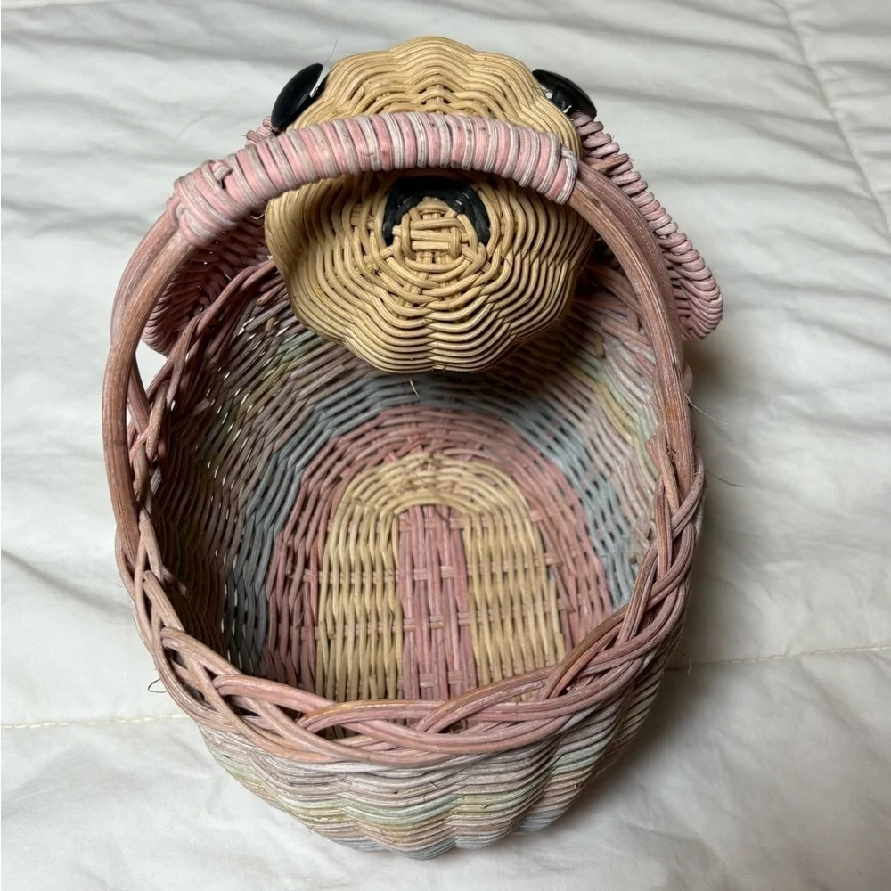 Vintage Woven Easter Bunny Basket with Pink, Blue, and Tan Accents